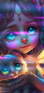 Fantasy art of a child and kitten with glowing eyes in vibrant colors.