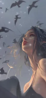 Dreamy fantasy art with mystical character and birds in the sky wallpaper.