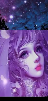 Fantasy art wallpaper with purple hues and starry background.