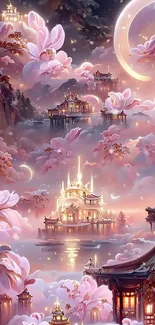 Fantasy landscape with blossoms and moonlit scenes for mobile wallpaper.