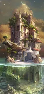 Surreal fantasy castle on a mystical, floating island with rich, vivid details.