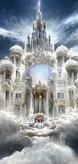 Ethereal fantasy castle surrounded by clouds.