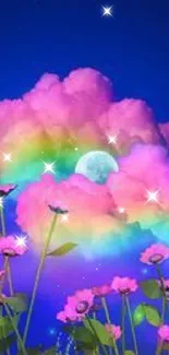 Fantasy wallpaper with pink clouds, colorful flowers, and a full moon in a blue sky.