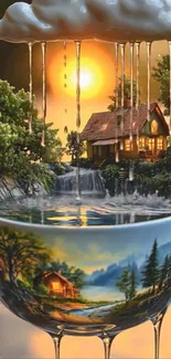 Dreamy fantasy cottage nested in a teacup with a sunset backdrop.