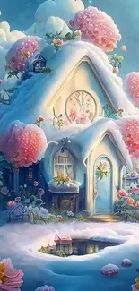 Whimsical snow-covered cottage with pastel pink flowers.