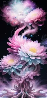 Surreal fantasy flower tree in pastel colors against a starry background.