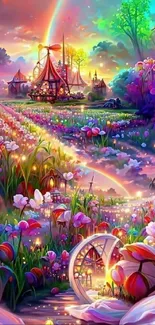 Colorful fantasy garden with vibrant flowers and enchanting lights.