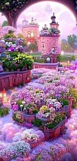 Whimsical fantasy garden with flowers and castles in lavender hues.