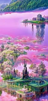 Fantasy islands surrounded by pink clouds and lush greenery.