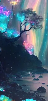 Fantasy landscape with glowing trees and vibrant colors, ideal for mobile.