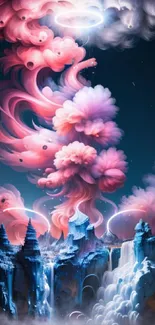 Surreal fantasy landscape with pink clouds and mountains.