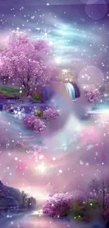 A dreamy landscape with cherry blossoms and a waterfall under a snowy sky.