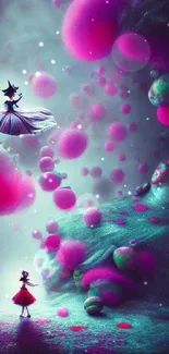 Surreal fantasy wallpaper with pink orbs and whimsical figures.