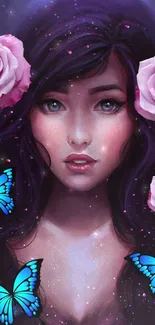 Mystical woman with roses and butterflies in a fantasy art wallpaper.