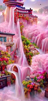 Surreal pink waterfalls with intricate fantasy homes.