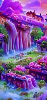 Fantasy landscape with waterfalls, pink and purple hues.