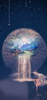 Dreamy fantasy wallpaper with waterfall and cosmic landscape.