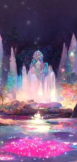 Dreamy fantasy waterfalls with vibrant colorful lights.