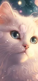 A dreamy cat with glowing fur in a celestial fantasy setting.