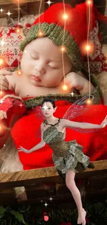 Adorable baby asleep in festive red attire with magical twinkling lights.