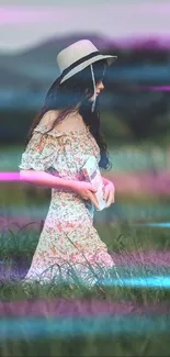 Woman in straw hat walking through a dreamy meadow with neon lights.