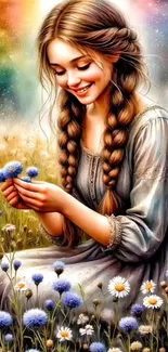 Woman with braids in wildflower field, vibrant mobile wallpaper.