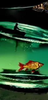 Surreal green wallpaper with goldfish and boat.