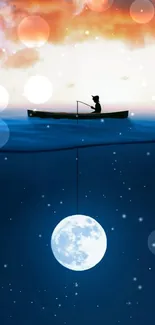 Fisherman in a boat with moon beneath, set against a sunset sky.