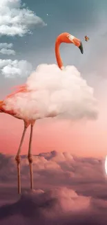 Flamingo in surreal cloudscape with moon and stars.