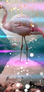 Pink flamingo stands by a starry lake with vibrant colors in fantasy art wallpaper.