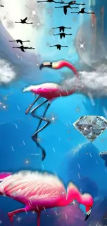 Dreamy fantasy wallpaper with flamingos, diamonds, and a vibrant blue sky.