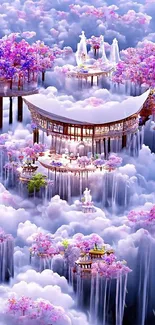 Floating pagodas amidst fluffy clouds and cherry blossoms in a dreamy landscape.