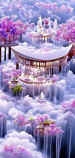 Floating palaces amid purple clouds and trees creating a whimsical fantasy landscape.