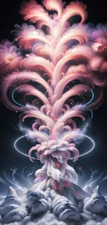 Surreal pink floral explosion above clouds in abstract art style.