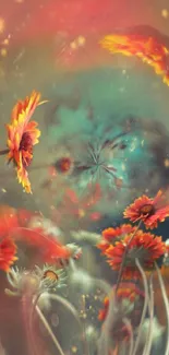 Dreamy floral abstraction with orange and teal tones.