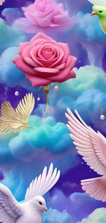 Whimsical wallpaper with clouds, roses, and doves.