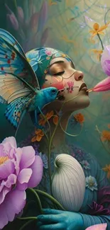 Dreamy floral scene with butterfly and ethereal figure.