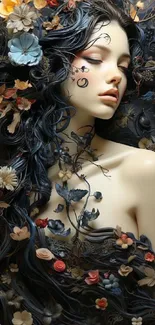 Enchanting floral art wallpaper with a woman and dark colors.