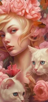 Artistic mobile wallpaper featuring a woman with pink roses and white cats.