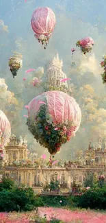 Whimsical floral hot air balloons over a dreamy landscape.