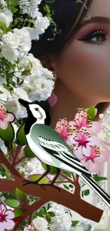 Elegant woman with bird and flowers illustration wallpaper.