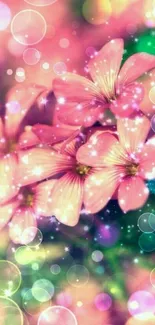 Dreamy pink flowers with bokeh lights wallpaper.