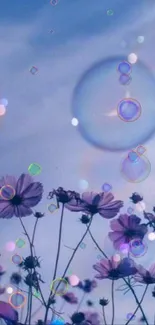 Dreamy scene with flowers, bubbles, and starry sky.