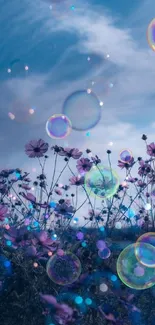 Dreamy floral wallpaper with purple flowers and bubbles against a blue sky.