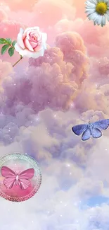 Beautiful wallpaper with pink clouds, butterflies, and flowers.