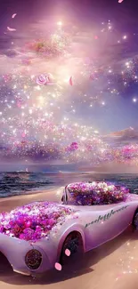 A dreamy floral car in a magical, sparkling beach scene.