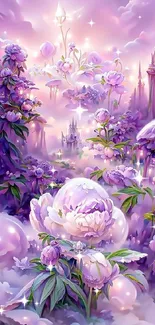 Whimsical fantasy wallpaper with purple flowers and a magical castle.