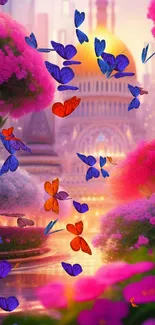 Surreal cityscape with pink flowers and golden dome in vivid artistic style.