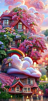 Whimsical cottage with vibrant flowers in a dreamy, colorful setting.