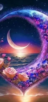 Crescent moon with flowers at twilight.